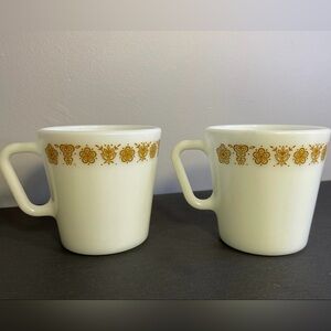 Set of 2 Pyrex Gold Butterfly Floral D-handled Coffee Mugs